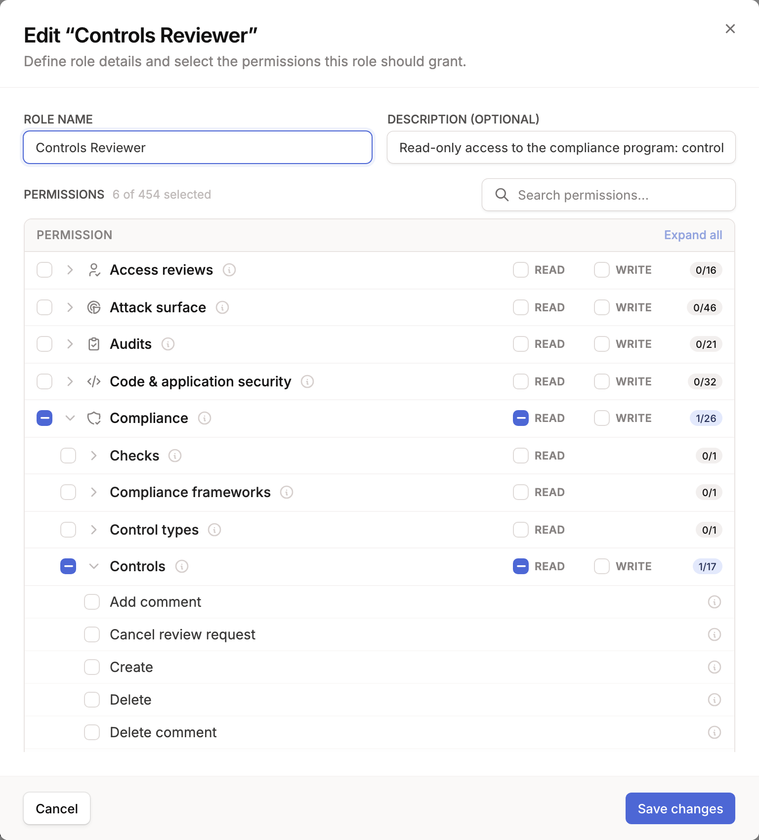 Edit organization role modal with the role’s current permissions selected