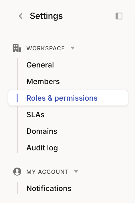 Settings sidebar with Roles & permissions highlighted under the Workspace section